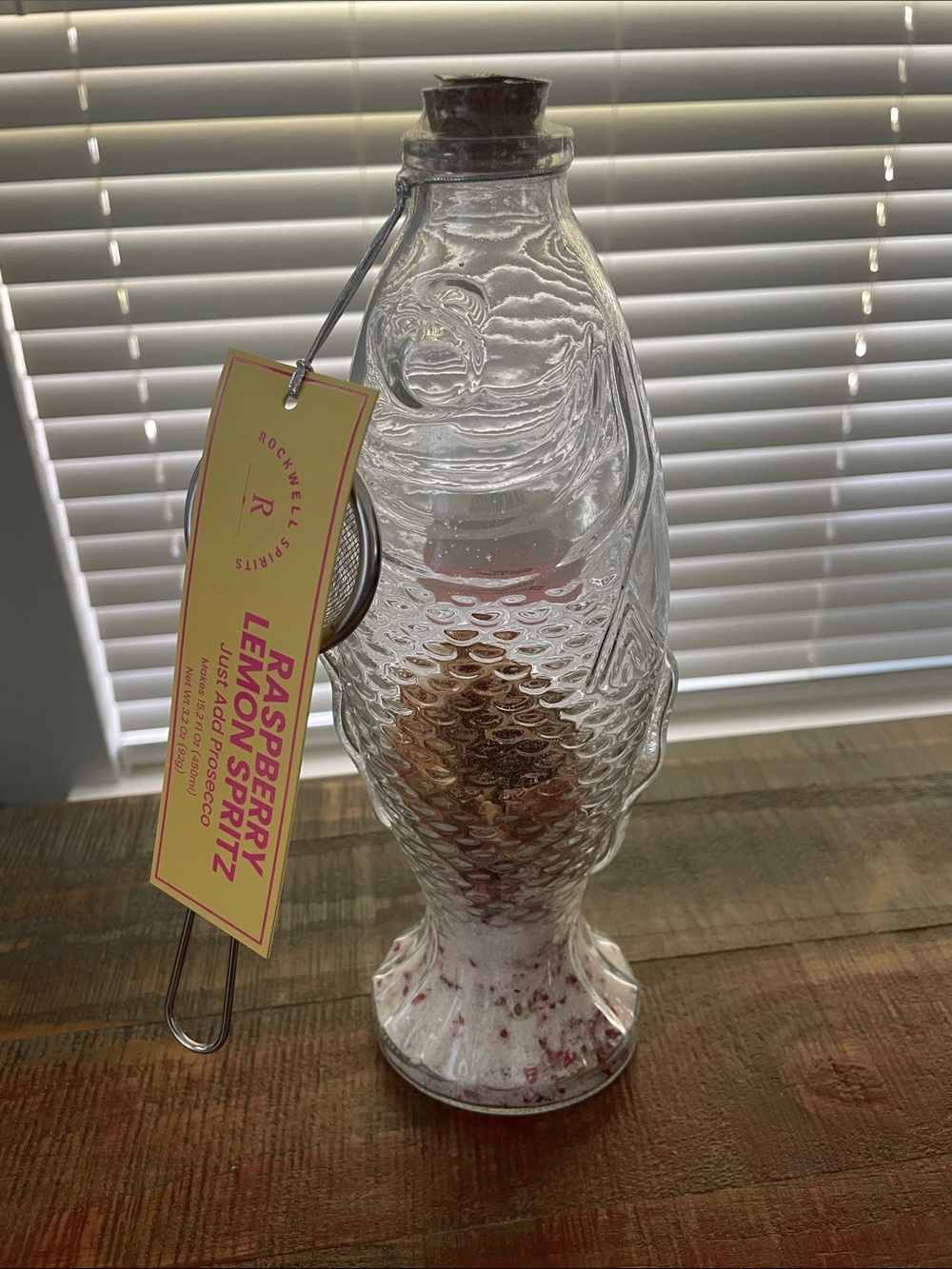 Clear Glass Fish Bottle with Raspberry Lemon Spritz Kit and Cork Stopper